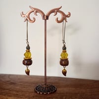Image 5 of Boho Style Bead Stack Earrings with Leaf Charm in Chartreuse, Gold & Bronze