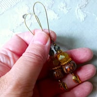 Image 2 of Boho Style Bead Stack Earrings with Leaf Charm in Chartreuse, Gold & Bronze