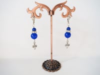Image 6 of 1920s Style Fleur de Lis Earrings in Cobalt Blue, Pierced or Clip On
