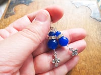 Image 3 of 1920s Style Fleur de Lis Earrings in Cobalt Blue, Pierced or Clip On