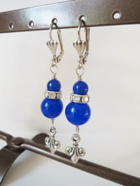 Image 2 of 1920s Style Fleur de Lis Earrings in Cobalt Blue, Pierced or Clip On
