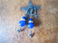 Image 5 of 1920s Style Fleur de Lis Earrings in Cobalt Blue, Pierced or Clip On