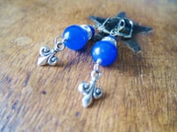 Image 7 of 1920s Style Fleur de Lis Earrings in Cobalt Blue, Pierced or Clip On