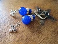 Image 8 of 1920s Style Fleur de Lis Earrings in Cobalt Blue, Pierced or Clip On