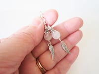 Image 3 of Silver Angel Wings Rose Quartz Gemstone Earrings, Pierced or Clip On