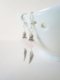 Image 7 of Silver Angel Wings Rose Quartz Gemstone Earrings, Pierced or Clip On