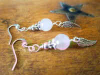 Image 12 of Silver Angel Wings Rose Quartz Gemstone Earrings, Pierced or Clip On