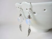 Image 9 of Silver Angel Wings Glass Opalite Earrings, Pierced or Clip On