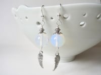 Image 3 of Silver Angel Wings Glass Opalite Earrings, Pierced or Clip On
