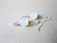 Image 4 of Silver Angel Wings Glass Opalite Earrings, Pierced or Clip On