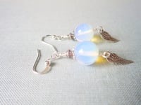 Image 2 of Silver Angel Wings Glass Opalite Earrings, Pierced or Clip On