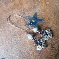 Image 2 of Long Bohemian Czech Glass Leaf Earrings in Aged Grey & Antique Copper