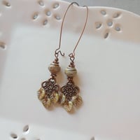 Image 1 of Long Bohemian Czech Glass Leaf Earrings in Aged Grey & Antique Copper