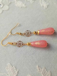 Image 3 of Art deco gold floral cut out earrings handmade with salmon pink & gold splash Czech glass drops