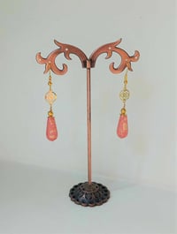 Image 5 of Art deco gold floral cut out earrings handmade with salmon pink & gold splash Czech glass drops