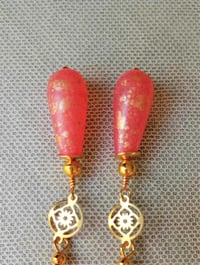 Image 10 of Art deco gold floral cut out earrings handmade with salmon pink & gold splash Czech glass drops