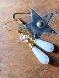 Image 7 of Art deco gold floral cut out earrings handmade with sky blue & gold splash Czech glass drops