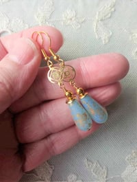Image 3 of Art deco gold floral cut out earrings handmade with sky blue & gold splash Czech glass drops