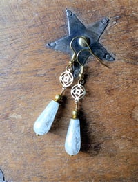 Image 2 of Art deco gold floral cut out earrings handmade with sky blue & gold splash Czech glass drops