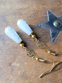 Image 11 of Art deco gold floral cut out earrings handmade with sky blue & gold splash Czech glass drops