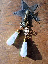 Image 9 of Art deco gold floral cut out earrings handmade with sky blue & gold splash Czech glass drops