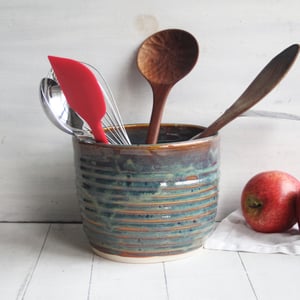 Image of Utensil Holder in Deep Amber Brown  and Blue Green Glaze, Handmade Kitchen Crock, Made in USA