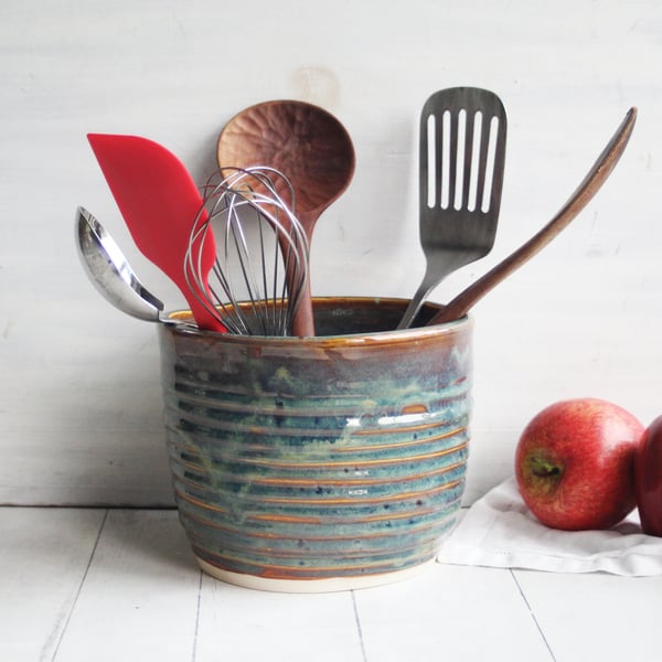 Image of Utensil Holder in Deep Amber Brown  and Blue Green Glaze, Handmade Kitchen Crock, Made in USA