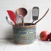 Image 1 of Utensil Holder in Deep Amber Brown  and Blue Green Glaze, Handmade Kitchen Crock, Made in USA