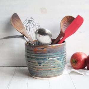 Image of Utensil Holder in Deep Amber Brown  and Blue Green Glaze, Handmade Kitchen Crock, Made in USA