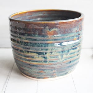 Image of Utensil Holder in Deep Amber Brown  and Blue Green Glaze, Handmade Kitchen Crock, Made in USA