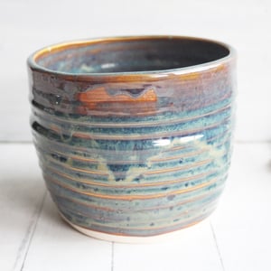 Image of Utensil Holder in Deep Amber Brown  and Blue Green Glaze, Handmade Kitchen Crock, Made in USA