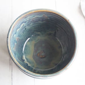 Image of Utensil Holder in Deep Amber Brown  and Blue Green Glaze, Handmade Kitchen Crock, Made in USA