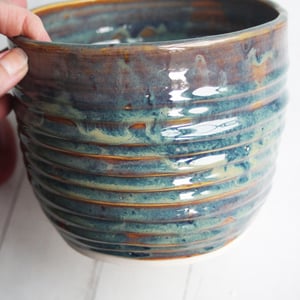 Image of Utensil Holder in Deep Amber Brown  and Blue Green Glaze, Handmade Kitchen Crock, Made in USA