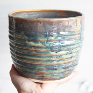 Image of Utensil Holder in Deep Amber Brown  and Blue Green Glaze, Handmade Kitchen Crock, Made in USA
