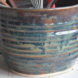 Image of Utensil Holder in Deep Amber Brown  and Blue Green Glaze, Handmade Kitchen Crock, Made in USA