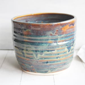 Image of Utensil Holder in Deep Amber Brown  and Blue Green Glaze, Handmade Kitchen Crock, Made in USA