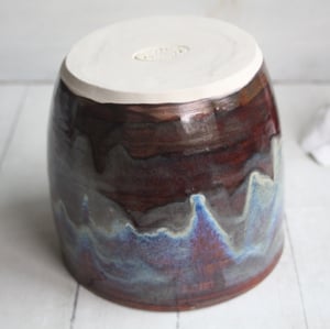 Image of Utensil Holder in Deep Amber Brown  and Blue Glazes, Handmade Kitchen Crock, Made in USA