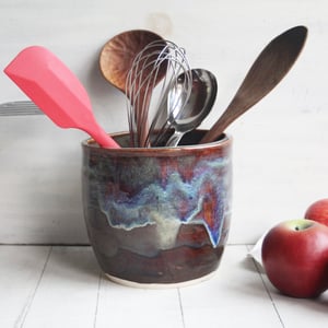 Image of Utensil Holder in Deep Amber Brown  and Blue Glazes, Handmade Kitchen Crock, Made in USA