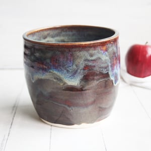 Image of Utensil Holder in Deep Amber Brown  and Blue Glazes, Handmade Kitchen Crock, Made in USA