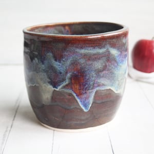 Image of Utensil Holder in Deep Amber Brown  and Blue Glazes, Handmade Kitchen Crock, Made in USA