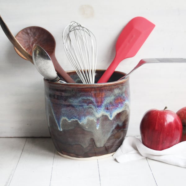 Image of Utensil Holder in Deep Amber Brown  and Blue Glazes, Handmade Kitchen Crock, Made in USA