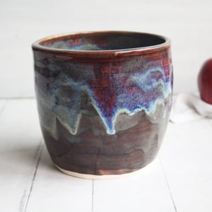 Image of Utensil Holder in Deep Amber Brown  and Blue Glazes, Handmade Kitchen Crock, Made in USA