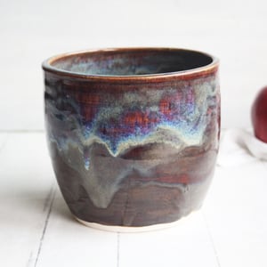 Image of Utensil Holder in Deep Amber Brown  and Blue Glazes, Handmade Kitchen Crock, Made in USA