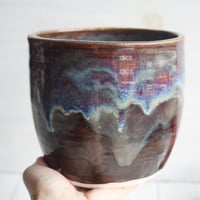 Image 8 of Utensil Holder in Deep Amber Brown  and Blue Glazes, Handmade Kitchen Crock, Made in USA