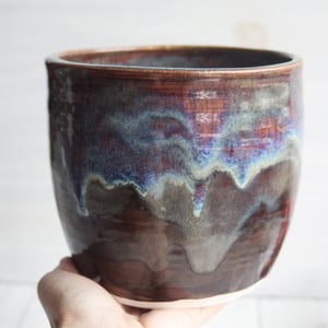 Image of Utensil Holder in Deep Amber Brown  and Blue Glazes, Handmade Kitchen Crock, Made in USA