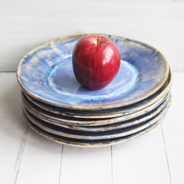 Image of Handcrafted Rustic Swirling Blue Dinner Plates, Set of Six Pottery Dinnerware Made in USA