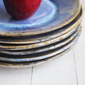 Image of Handcrafted Rustic Swirling Blue Dinner Plates, Set of Six Pottery Dinnerware Made in USA