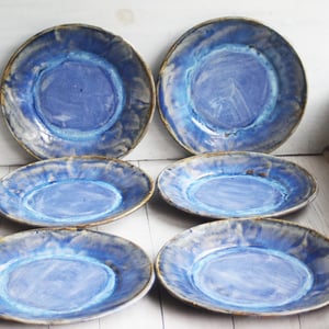 Image of Handcrafted Rustic Swirling Blue Dinner Plates, Set of Six Pottery Dinnerware Made in USA