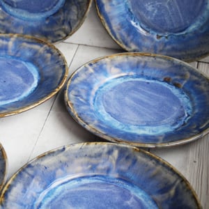 Image of Handcrafted Rustic Swirling Blue Dinner Plates, Set of Six Pottery Dinnerware Made in USA