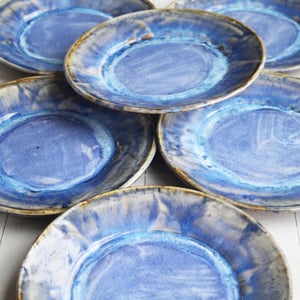 Image of Handcrafted Rustic Swirling Blue Dinner Plates, Set of Six Pottery Dinnerware Made in USA
